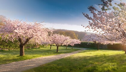 Obraz premium Blossoming Cherry Trees in a Serene Garden