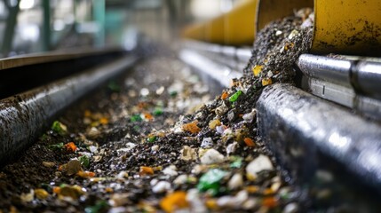 Naklejka premium Conveyor belt at a waste sorting plant carries a mix of dirt, plastic, and glass fragments, highlighting the process of separating materials for recycling and resource recovery