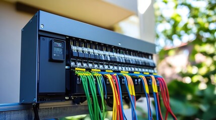 Electrical panel managing power distribution with colorful wires, located outdoors in a residential setting, ensuring efficient energy flow and connectivity for various applications