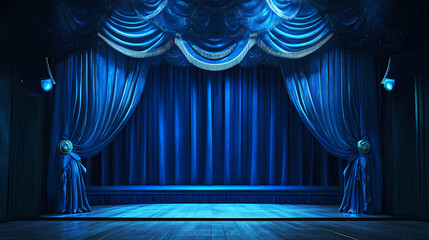 Blue velvet curtains frame a theater stage, adding elegance and drama to the performance. the rich texture enhances the entertainment experience in opera and cinema. Velveted. Illustration