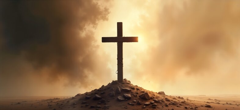 Religious wooden cross stands on hill in desert landscape. Dramatic cloudy sky. Symbol of sacrifice, redemption. Image evocative of Lent, Good Friday, Easter. Suitable for faith-based publications,