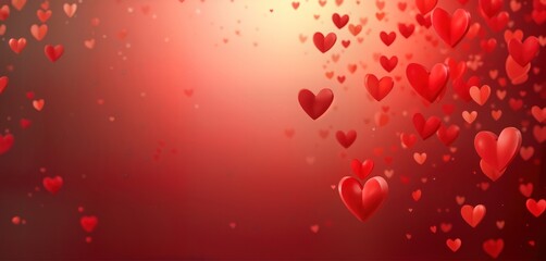 Abstract Valentine Day background. Many red hearts float in air against gradient red background. Color transitions smoothly from dark red at bottom to lighter red at top. Hearts vary in size,