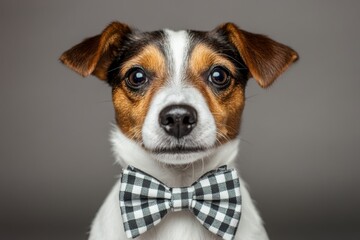 A small, cute white dog, donning a modern bowtie, is perched on a white wooden floor and looking at the camera. The backdrop is a white background, indicative of an indoor pet environment