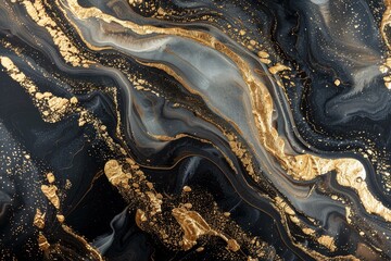 Fluid art painting with gold dust and black and gray acrylic paints creating an abstract marble...