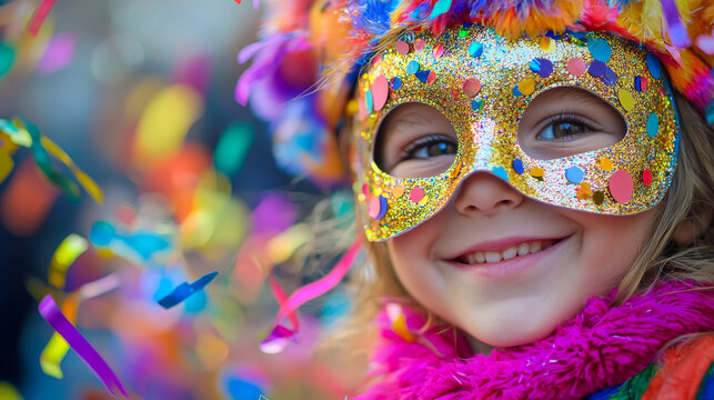 Young girl wearing a colorful mask at a Venetian Carnival. Concept of cultural festivities, joyful celebration, vibrant traditions, and childhood excitement.. Copy space