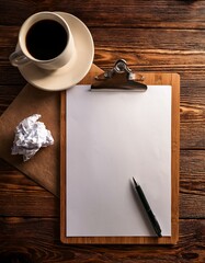 Bloc note sur une table en bois, en ia avec zone d'écriture avec tasse de café