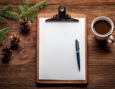 Bloc note sur une table en bois, en ia avec zone d'&eacute;criture avec tasse de caf&eacute;