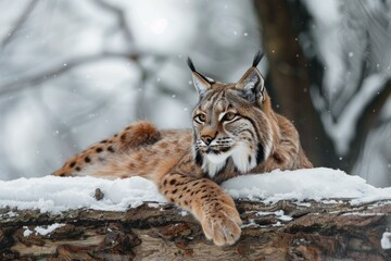 Fototapeta premium Wild eurasian lynx resting on a snow covered log in a serene winter forest setting, with snowflakes gently falling