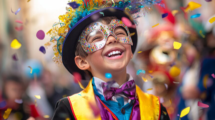 Joyful Caucasian Boy Wearing a Festive Mask at the Venetian Carnival Surrounded by Colorful Confetti. Concept of Celebration, Cultural Festivity, Childhood Happiness, and Laughter
