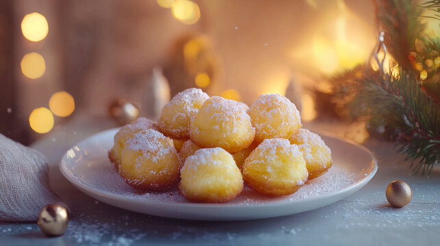 Freshly Made Fritole on a Plate with Powdered Sugar at Venetian Carnival. Concept of Italian Cuisine, Traditional Sweets, Holiday Celebration, Festive Desserts