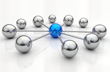 Fototapeta premium Metallic spheres interconnected by rods create network design. Central blue sphere connects to several others. Network concept. Modern tech illustration. Abstract graphic. Web design. Teamwork,