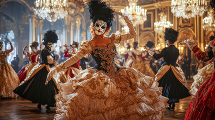 Elegant Masked Ball in a Lavish Venetian Ballroom, Celebrating Tradition and Luxury in Exquisite Costumes. Concept of Cultural Heritage, Historical Festivity, and Artistic Glamour. Venetian Carnival