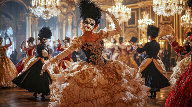 Elegant Masked Ball in a Lavish Venetian Ballroom, Celebrating Tradition and Luxury in Exquisite Costumes. Concept of Cultural Heritage, Historical Festivity, and Artistic Glamour. Venetian Carnival