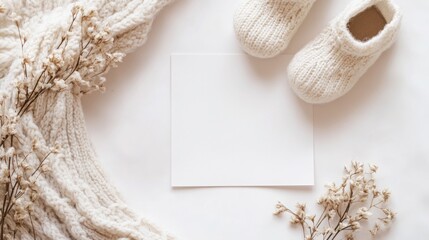 Baby shoes. Nursery frame mockup, vertical white wooden frame  for baby room art, baby shower announcement, top view, flat lay