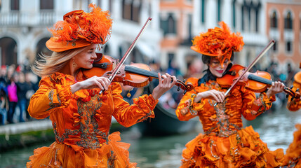 Vibrant Venetian Carnival with Musicians in Orange Costumes Playing Violins by the Canal Concept of Festive Music, Cultural Celebration, and Lively Street Performance