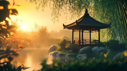 Serene Bamboo Gazebo Nestled Within a Tranquil Garden: Peaceful Retreat