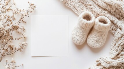 Fototapeta premium Baby shoes. Nursery frame mockup, vertical white wooden frame for baby room art, baby shower announcement, top view, flat lay