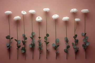 Fototapeta premium Pink flowers and eucalyptus leaves arranged in a flat lay, top-down style on a pastel pink background, with ample room for text