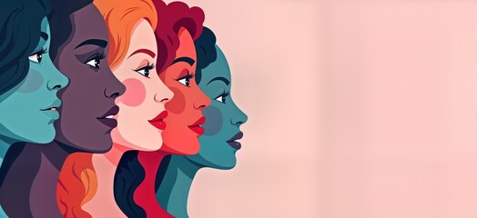 Colorful illustration of multiple women faces in profile view on pastel pink background. Suitable for International Women Day celebration banner on March 8th. Graphic design features diverse female