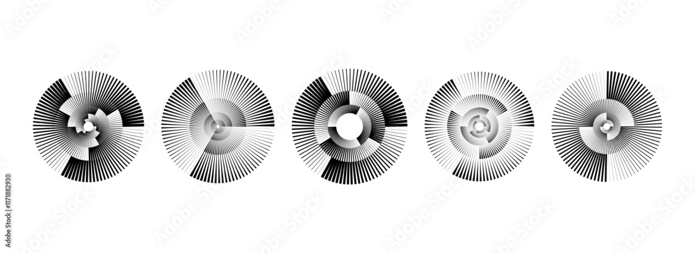 Poster Black radial spiral pattern set. Circular rotating speed line form collection. Spinning circle sound wave bundle. Abstract music waveform element pack for icon, badge, tag, label, record. Vector