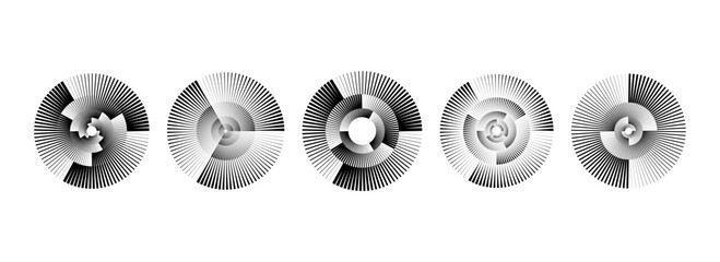 Black radial spiral pattern set. Circular rotating speed line form collection. Spinning circle sound wave bundle. Abstract music waveform element pack for icon, badge, tag, label, record. Vector