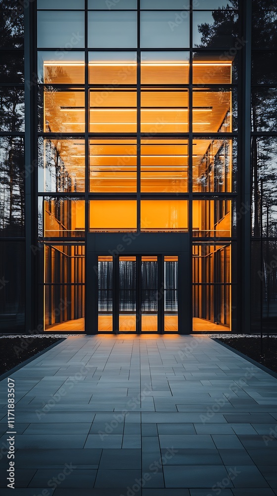 Aufkleber illuminated modern building facade with distinctive orange glow set in a tranquil outdoor environmen