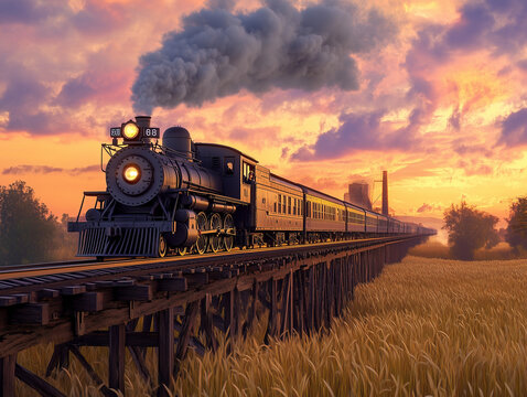 Steam-Powered Train Crossing a Historic Iron Bridge