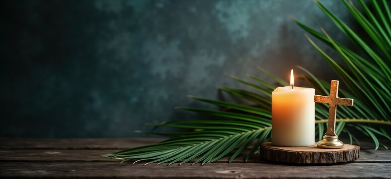 Spiritual still life featuring a lit candle palm leaf and cross. Lent and Holy Week Catholic symbolism. Peaceful religious scene. Copy space for text. Background dark teal. Wooden table. Simple image.