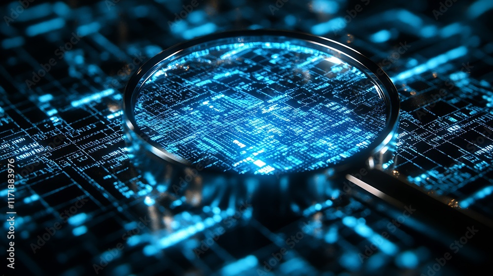 Poster High-Resolution Digital Circuit Board Technology with Magnifying Glass for Data Analysis : Generative AI