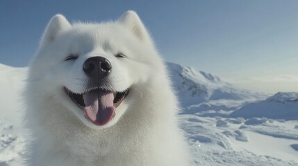 Fototapeta premium A cheerful white dog stands in a snowy landscape, showcasing a joyful expression.