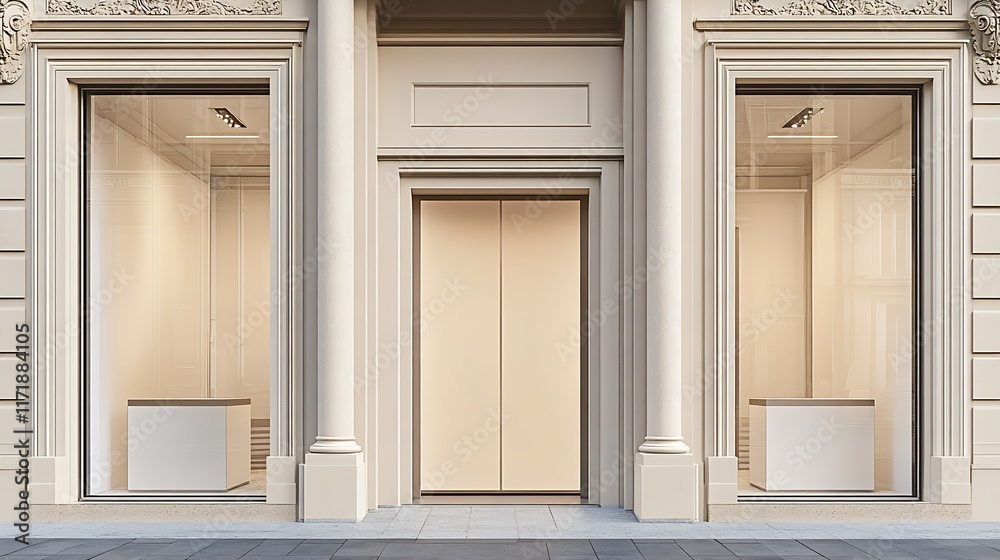 Poster Contemporary store facade with large windows and classic architectural elements : Generative AI