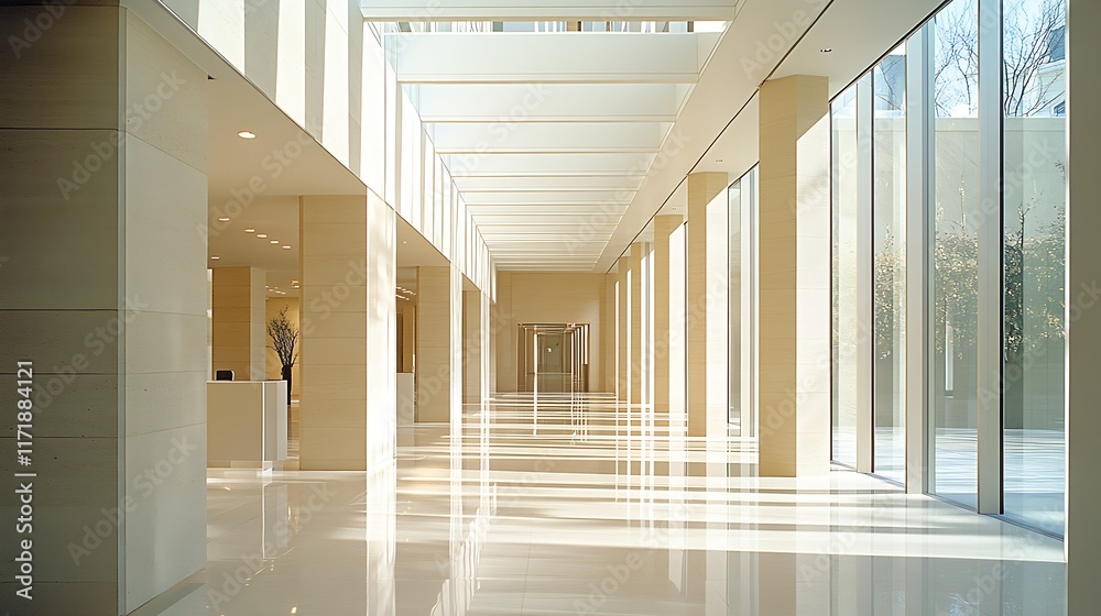 Poster Sunny Minimalist Corridor with White Walls and Floor to Ceiling Windows in Modern Building : Generative AI