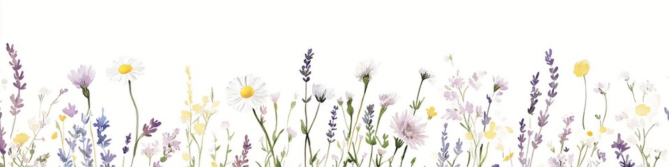 Fototapeta premium Arrangement of colorful spring wildflowers on white background with fresh seasonal blossoms