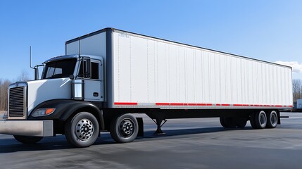 White Trailer Truck Parked in Modern Industrial Lot under Blue Sky : Generative AI