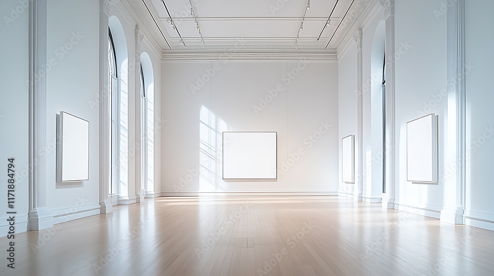 Poster Spacious art gallery with large windows and empty frames in sunlight : Generative AI