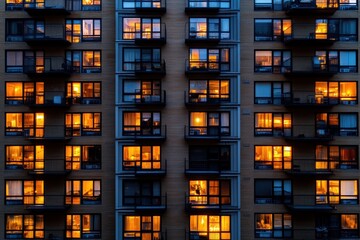 Nighttime city apartment building with warm window lights symbolizing energy efficiency, urban living, sustainability concept