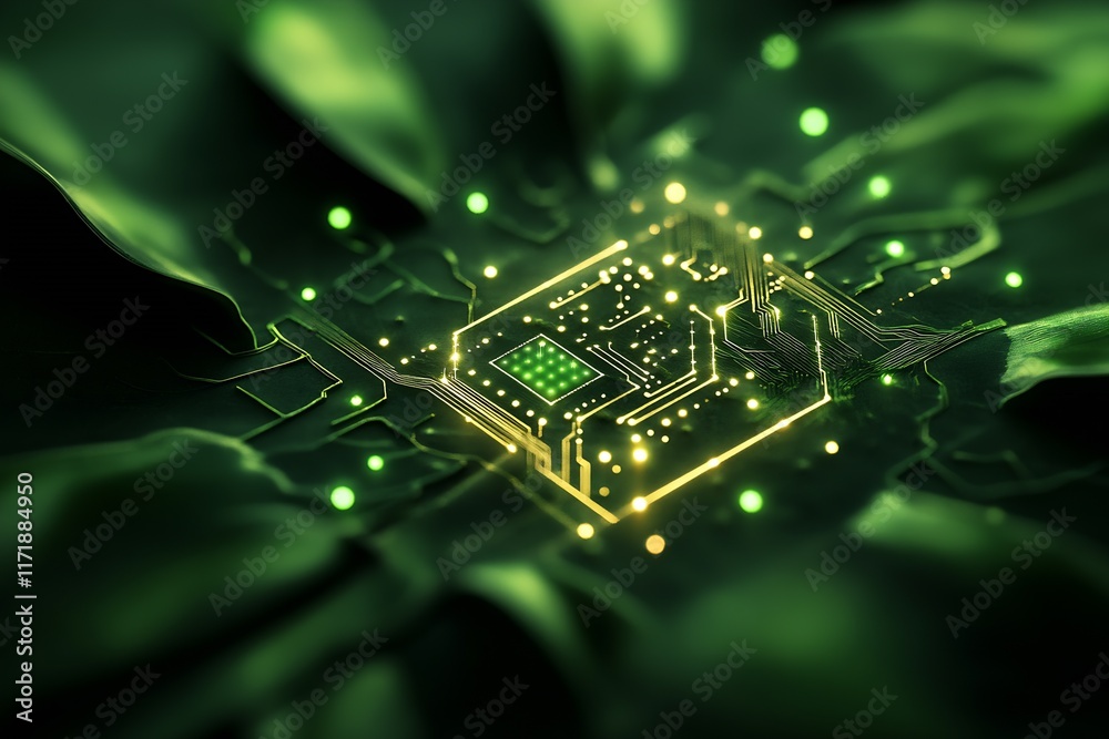 Poster Futuristic Circuit Board with Glowing Green LEDs and Complex Electronic Network Design : Generative AI