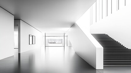 Obraz premium Minimalist Modern White Interior With Staircase Wood Floor And Soft Natural Lighting : Generative AI