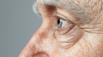 A close-up of an elderly personal face showing weakness on one side on a light background.