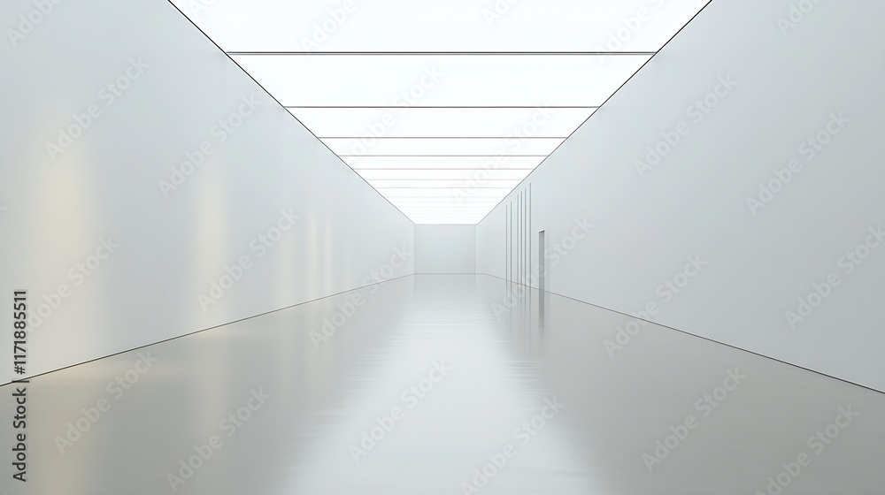 Poster Minimalistic White Art Gallery Corridor with Reflective Floors and Soft Lighting : Generative AI