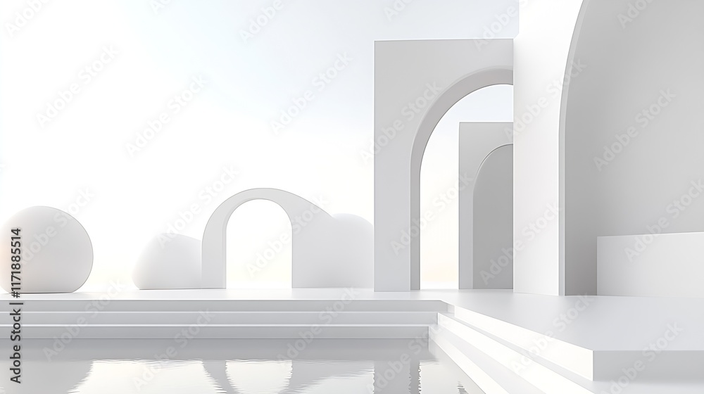 Aufkleber Minimalist Architecture with Abstract Arches in a Serene White Environment : Generative AI