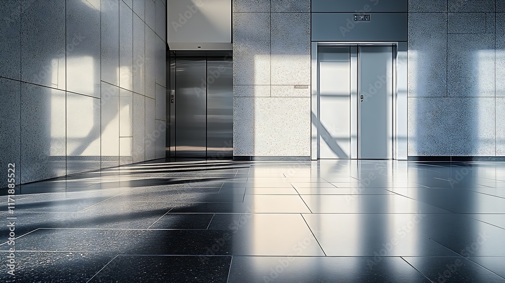 Aufkleber Sunlit Lobby with Shiny Granite Flooring in Modern Corporate Building with Elevator Access : Generative AI