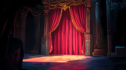 A red curtain is open to reveal a stage. Velveted. Illustration