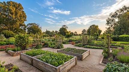 Sunlit garden with raised wooden vegetable beds, gravel pathways, and lush greenery under a blue sky.