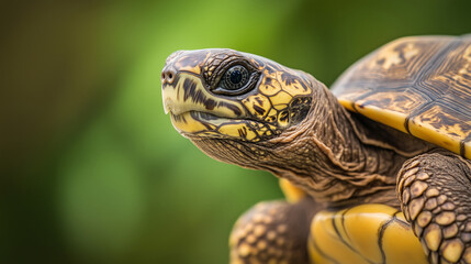 Obraz premium Close-up of a turtle with intricate shell patterns and textured skin against a blurred green natural background