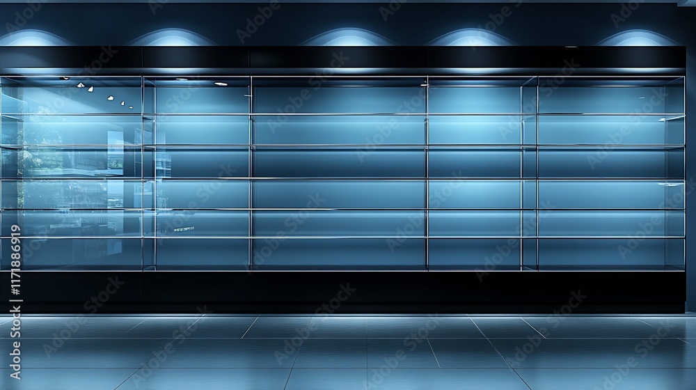 Poster Advanced Retail Space with Blue Display and Illuminated Shelving Design : Generative AI