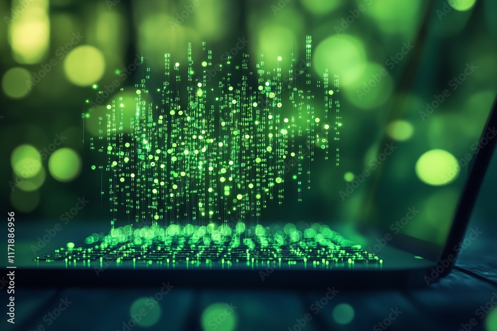 Poster Cyber Matrix Flow on Laptop Reflecting Digital Connectivity and Future Technology : Generative AI