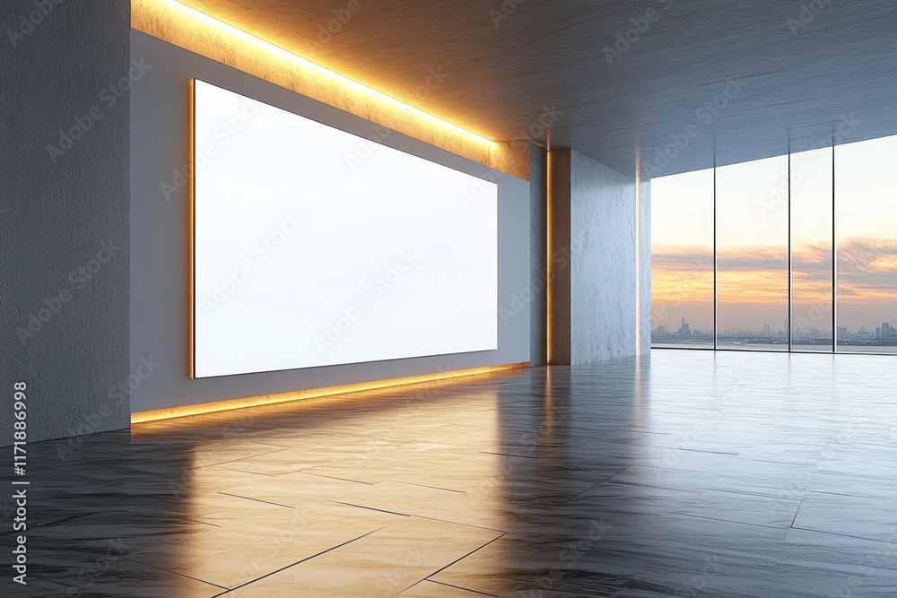 Poster minimalistic modern art gallery interior with large white canvas and city view through windows