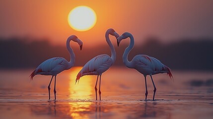 Three flamingos at sunset, two intertwined necks.
