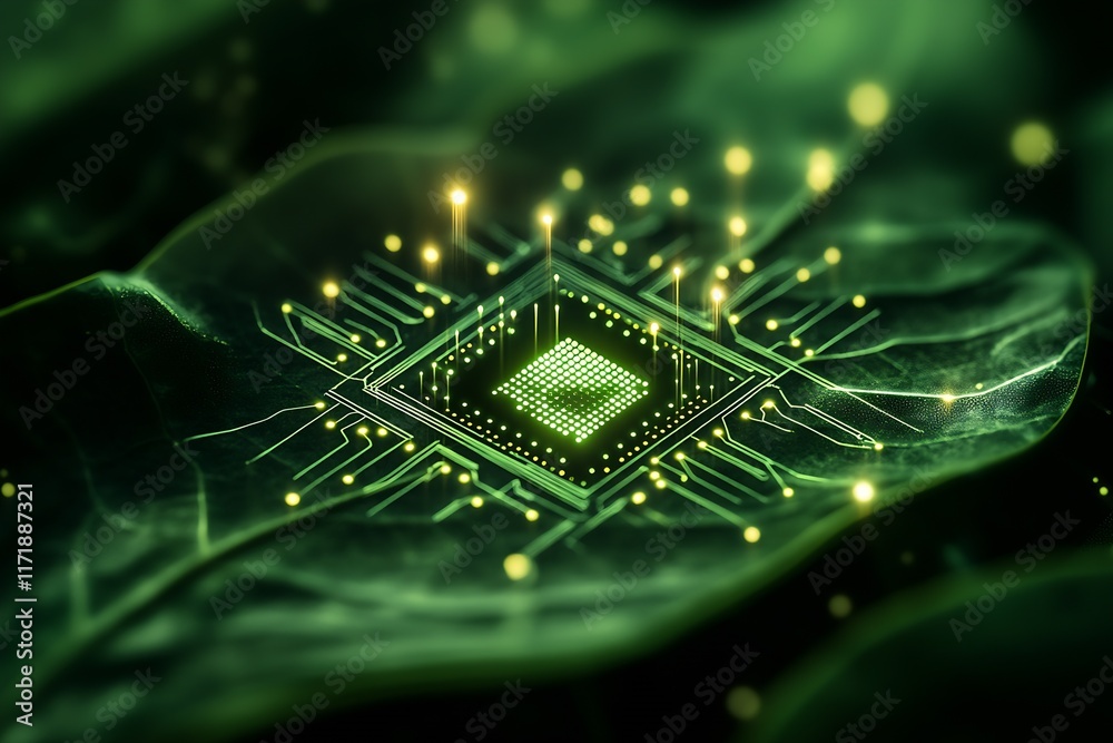Fototapete Innovative Green Microchip Design with Futuristic Digital Network and Illuminated Circuit Paths : Generative AI